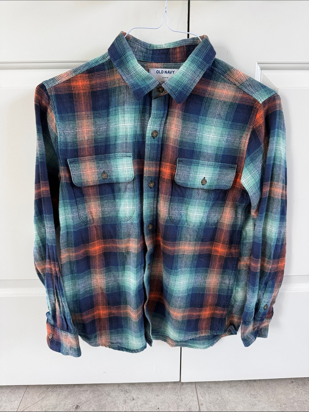 Old Navy Boy’s Plaid Button-Down 100% Cotton Shirt in Blue & Orange
